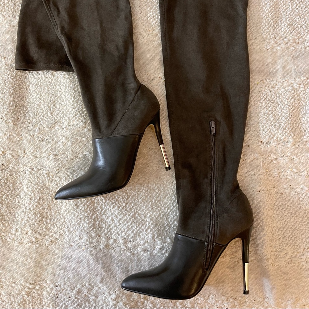 Amalie Thigh High Leather/Suede Olive Boots